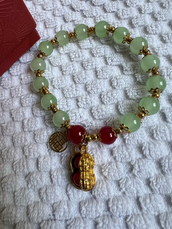 Jewelry - Green and Red Jade Bead Bracelet with Gold Peanut Charm